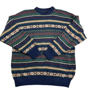 Vintage Structure Mens XL Fair Isle Cotton Sweater Navy Blue Green Made in USA